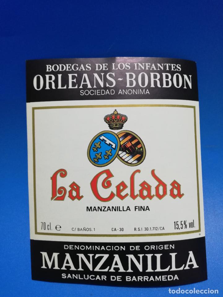 Old Labels: ETIQUETA. BODEGAS DE LOS INFANTES. ORLEANS-BORBON. LA CELADA. MANZANILLA FINA. SANLUCAR DE BARRAMEDA