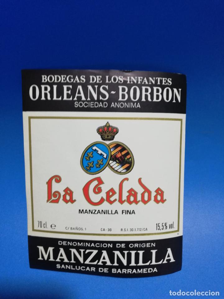 Old Labels: ETIQUETA. BODEGAS DE LOS INFANTES. ORLEANS-BORBON. LA CELADA. MANZANILLA FINA. SANLUCAR DE BARRAMEDA
