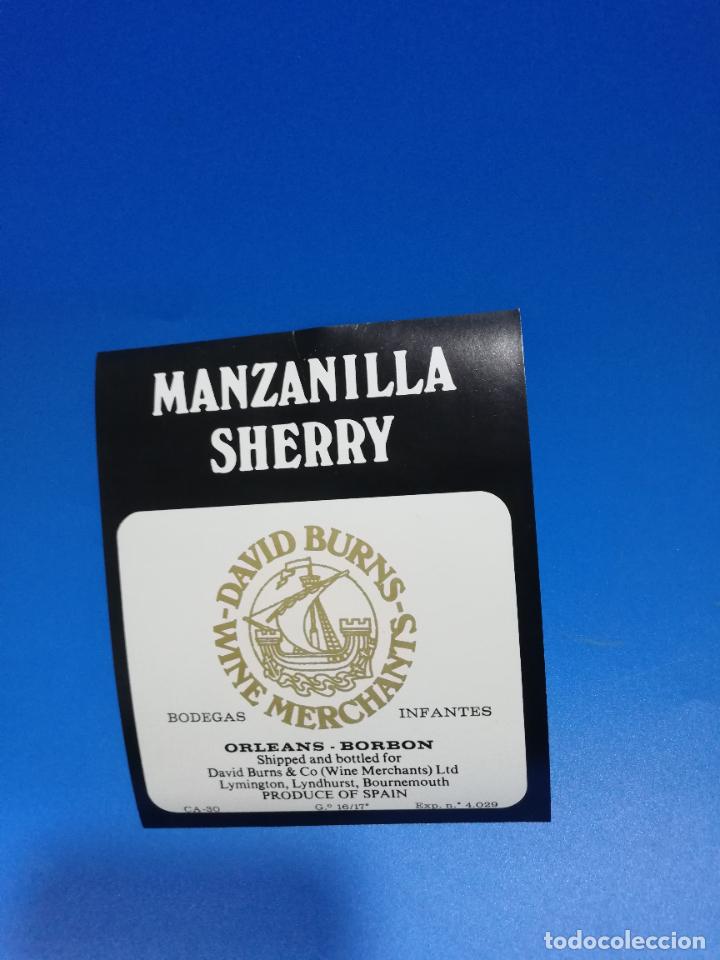 Old Labels: ETIQUETA.BODEGAS INFANTES. MANZANILLA SHERRY. DAVID BURNS. WINE MERCHANTS. ORLEANS-BORBON.