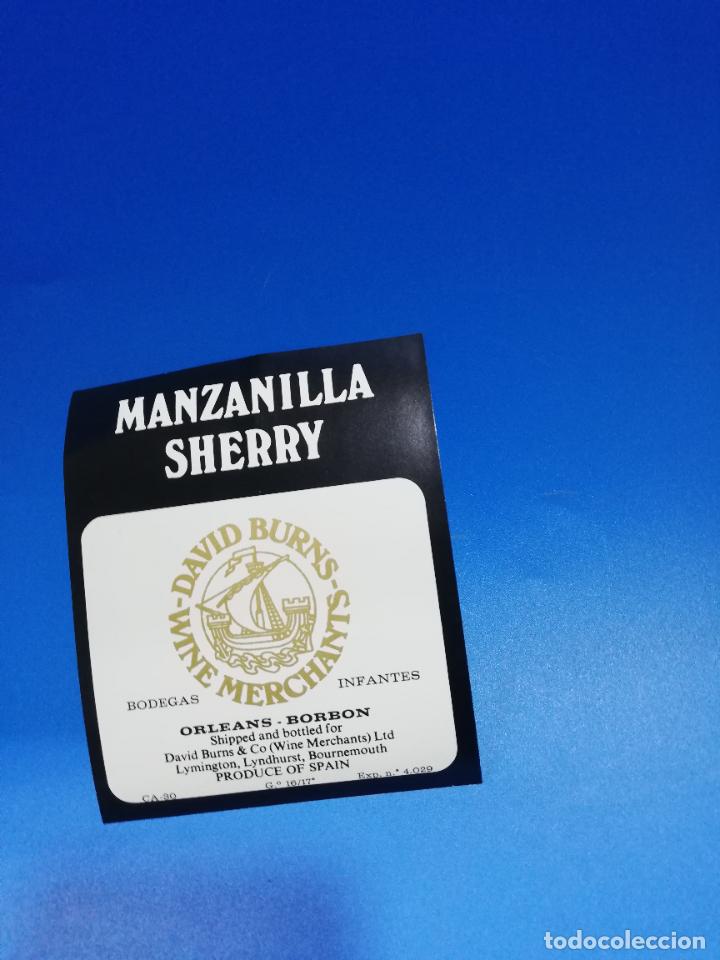 Old Labels: ETIQUETA.BODEGAS INFANTES. MANZANILLA SHERRY. DAVID BURNS. WINE MERCHANTS. ORLEANS-BORBON.