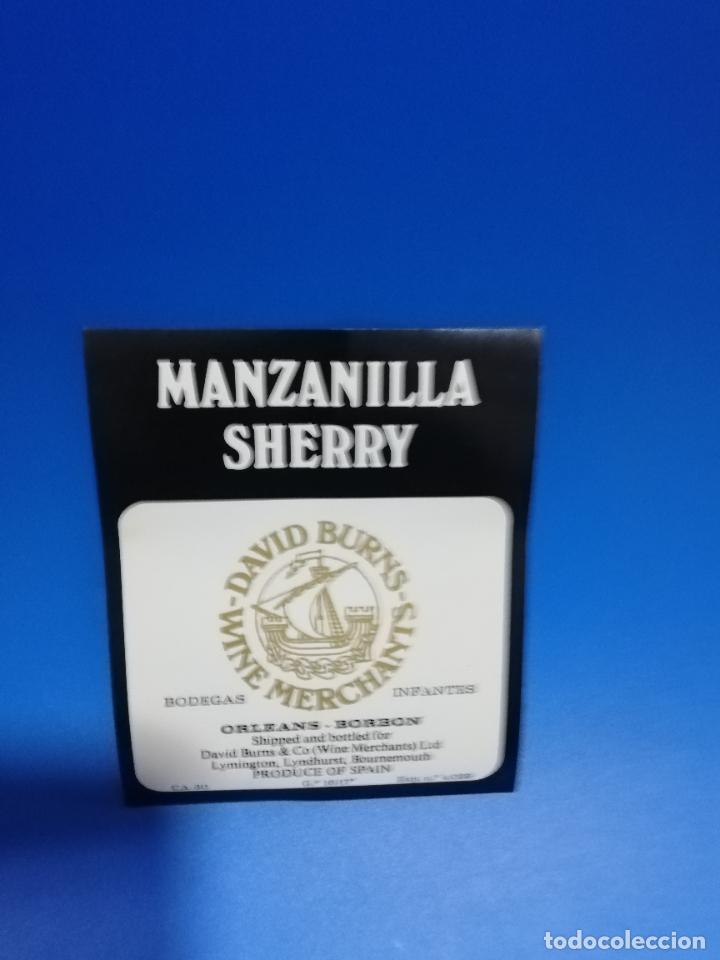 Old Labels: ETIQUETA.BODEGAS INFANTES. MANZANILLA SHERRY. DAVID BURNS. WINE MERCHANTS. ORLEANS-BORBON.