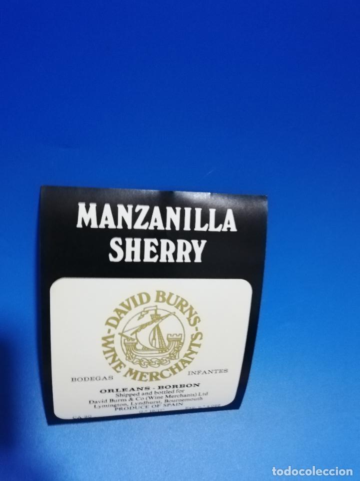 Old Labels: ETIQUETA.BODEGAS INFANTES. MANZANILLA SHERRY. DAVID BURNS. WINE MERCHANTS. ORLEANS-BORBON.