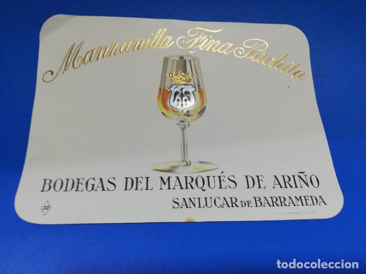 Alte Etiketten: ETIQUETA. BODEGAS DEL MARQUES DE ARI&Ntilde;O. MANZANILLA PACHITA. SANLUCAR DE BARRAMEDA.