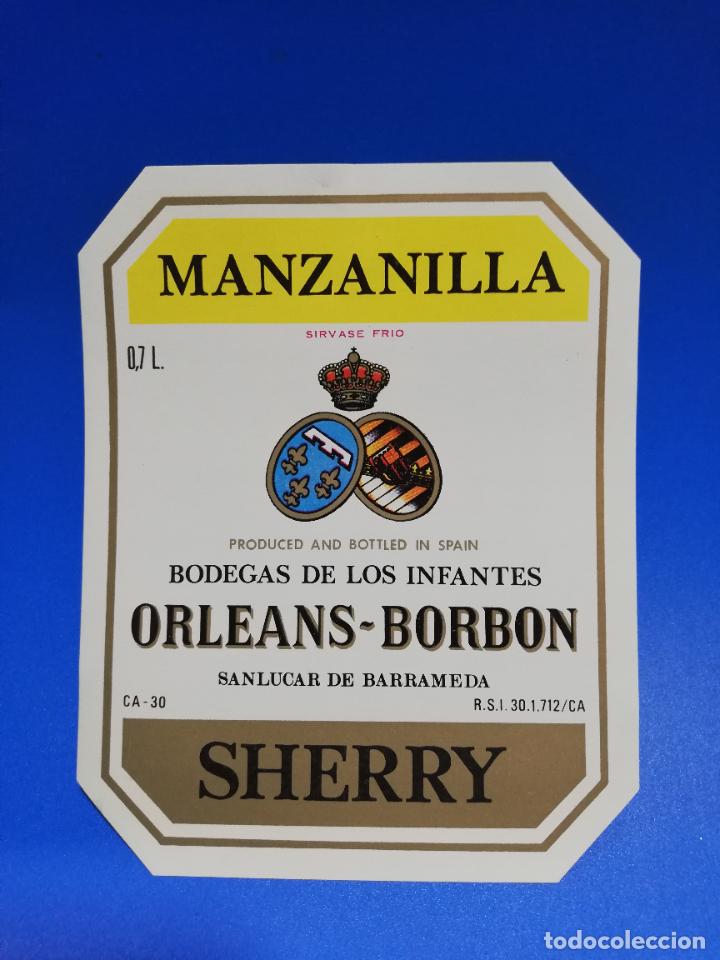 Alte Etiketten: ETIQUETA. BODEGAS DE LOS INFANTES. ORLEANS-BORBON. MANZANILLA. SHERRY. SANLUCAR DE BARRAMEDA.
