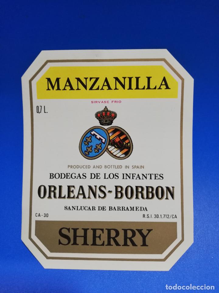 Old Labels: ETIQUETA. BODEGAS DE LOS INFANTES. ORLEANS-BORBON. MANZANILLA. SHERRY. SANLUCAR DE BARRAMEDA.