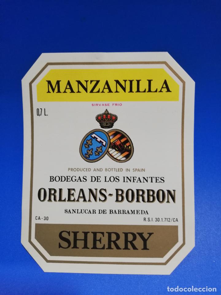 Old Labels: ETIQUETA. BODEGAS DE LOS INFANTES. ORLEANS-BORBON. MANZANILLA. SHERRY. SANLUCAR DE BARRAMEDA.