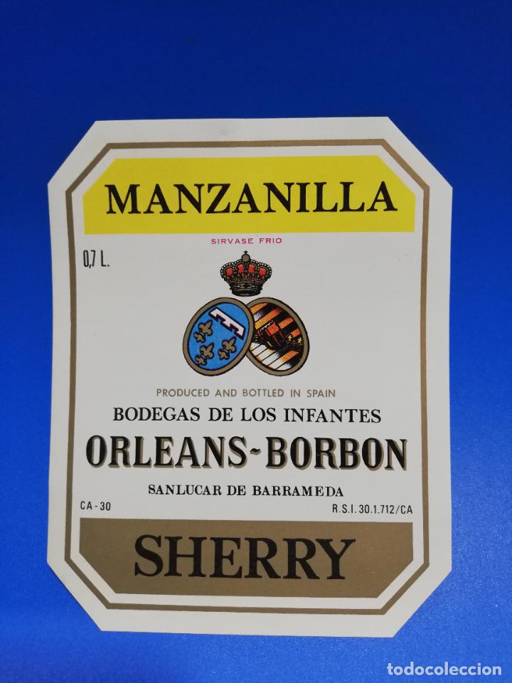 Old Labels: ETIQUETA. BODEGAS DE LOS INFANTES. ORLEANS-BORBON. MANZANILLA. SHERRY. SANLUCAR DE BARRAMEDA.