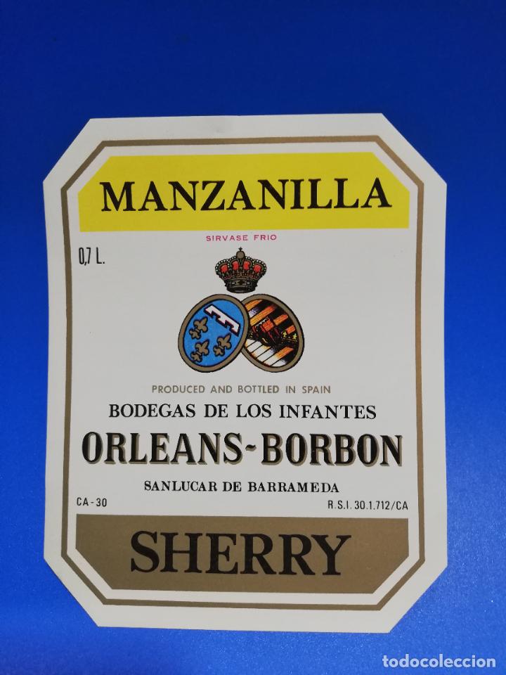 Old Labels: ETIQUETA. BODEGAS DE LOS INFANTES. ORLEANS-BORBON. MANZANILLA. SHERRY. SANLUCAR DE BARRAMEDA.