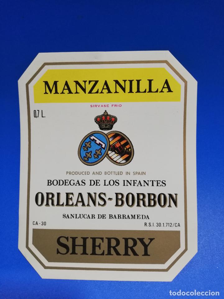 Old Labels: ETIQUETA. BODEGAS DE LOS INFANTES. ORLEANS-BORBON. MANZANILLA. SHERRY. SANLUCAR DE BARRAMEDA.