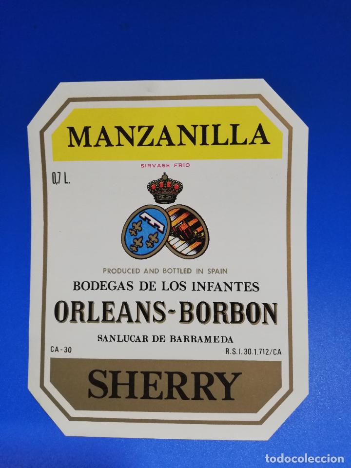 Old Labels: ETIQUETA. BODEGAS DE LOS INFANTES. ORLEANS-BORBON. MANZANILLA. SHERRY. SANLUCAR DE BARRAMEDA.