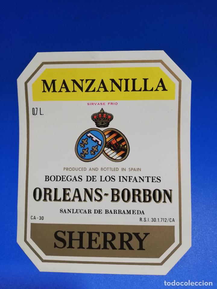 Old Labels: ETIQUETA. BODEGAS DE LOS INFANTES. ORLEANS-BORBON. MANZANILLA. SHERRY. SANLUCAR DE BARRAMEDA.