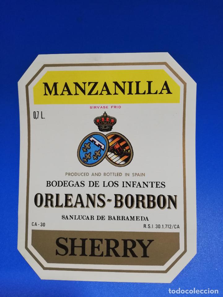 Old Labels: ETIQUETA. BODEGAS DE LOS INFANTES. ORLEANS-BORBON. MANZANILLA. SHERRY. SANLUCAR DE BARRAMEDA.
