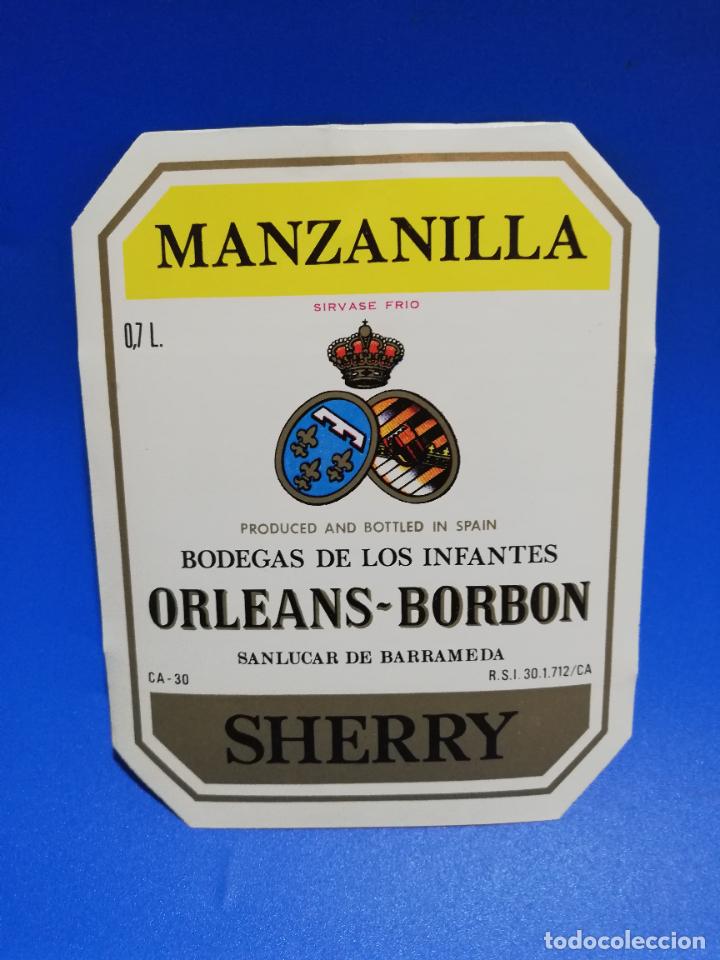 Old Labels: ETIQUETA. BODEGAS DE LOS INFANTES. ORLEANS-BORBON. MANZANILLA. SHERRY. SANLUCAR DE BARRAMEDA.