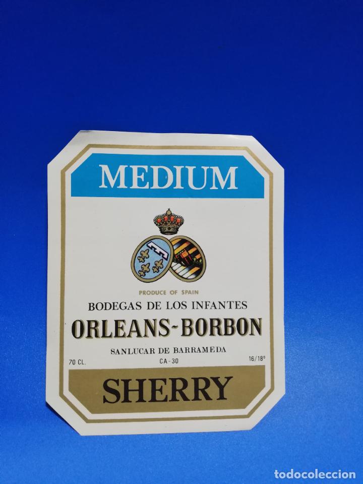 Old Labels: ETIQUETA. BODEGAS DE LOS INFANTES. ORLEANS-BORBON. MEDIUM. SHERRY. SANLUCAR DE BARRAMEDA.