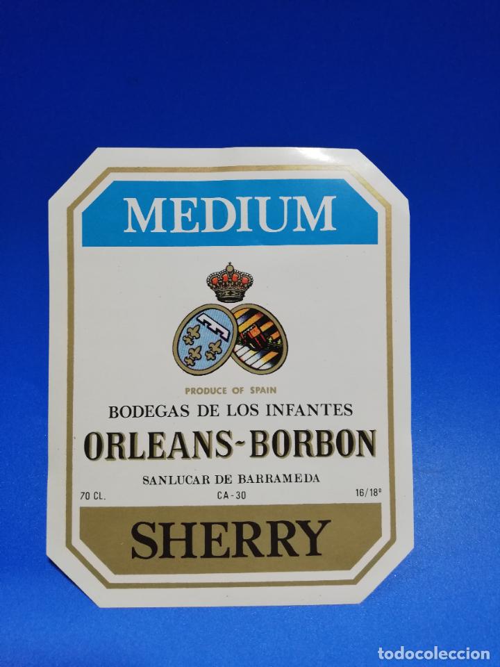 Old Labels: ETIQUETA. BODEGAS DE LOS INFANTES. ORLEANS-BORBON. MEDIUM. SHERRY. SANLUCAR DE BARRAMEDA.