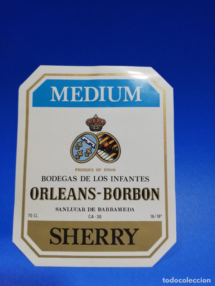 Old Labels: ETIQUETA. BODEGAS DE LOS INFANTES. ORLEANS-BORBON. MEDIUM. SHERRY. SANLUCAR DE BARRAMEDA.