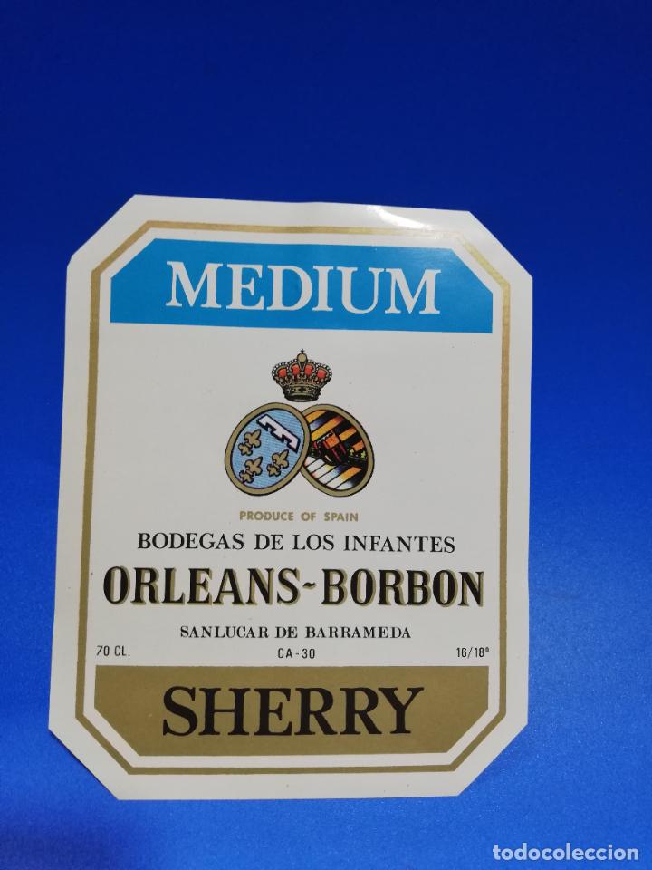 Old Labels: ETIQUETA. BODEGAS DE LOS INFANTES. ORLEANS-BORBON. MEDIUM. SHERRY. SANLUCAR DE BARRAMEDA.
