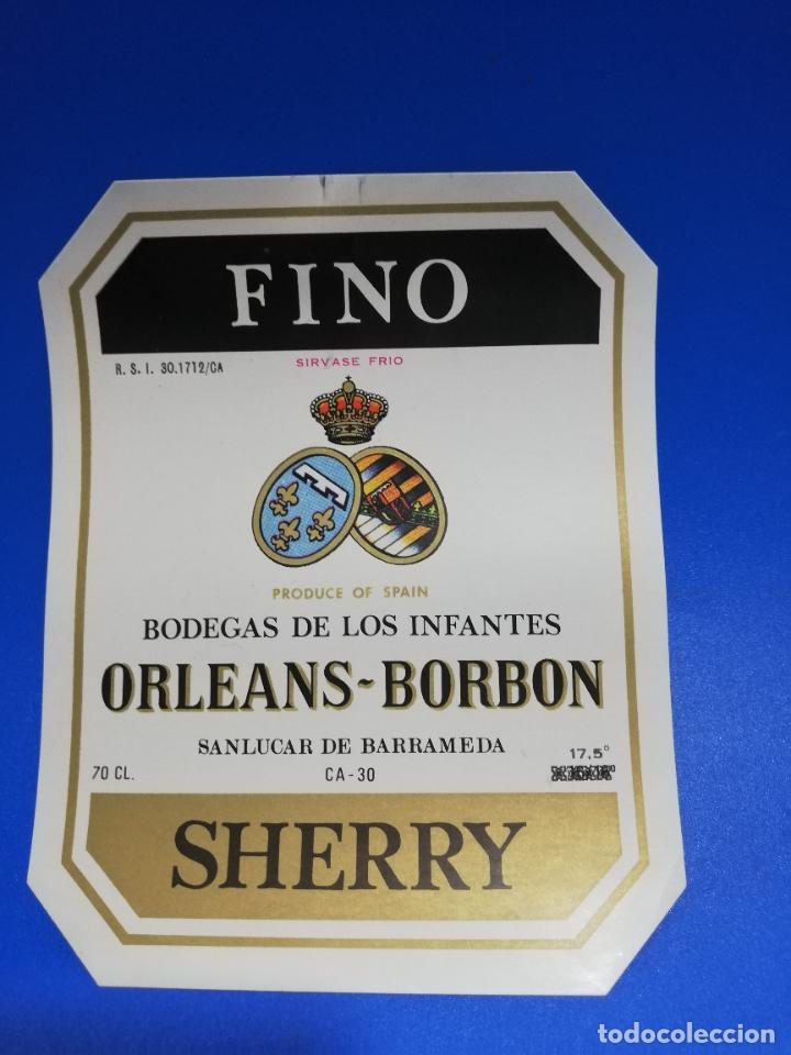 Old Labels: ETIQUETA. BODEGAS DE LOS INFANTES. ORLEANS-BORBON. FINO. SHERRY. SANLUCAR DE BARRAMEDA.