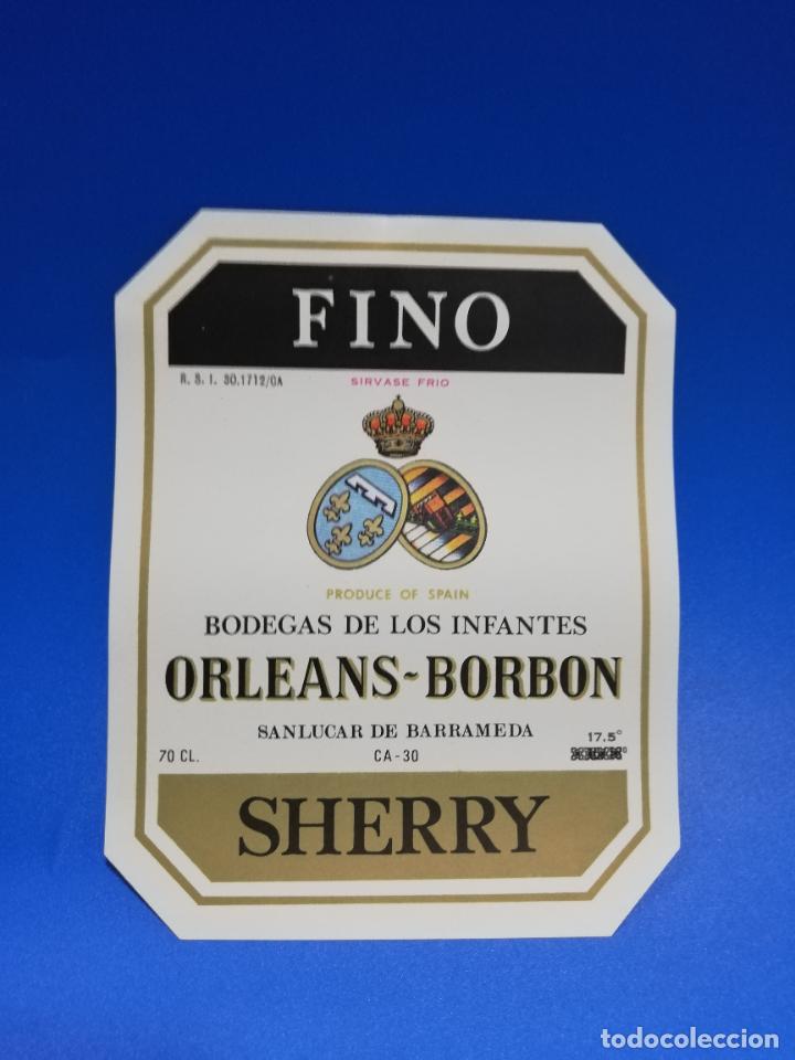 Old Labels: ETIQUETA. BODEGAS DE LOS INFANTES. ORLEANS-BORBON. FINO. SHERRY. SANLUCAR DE BARRAMEDA.
