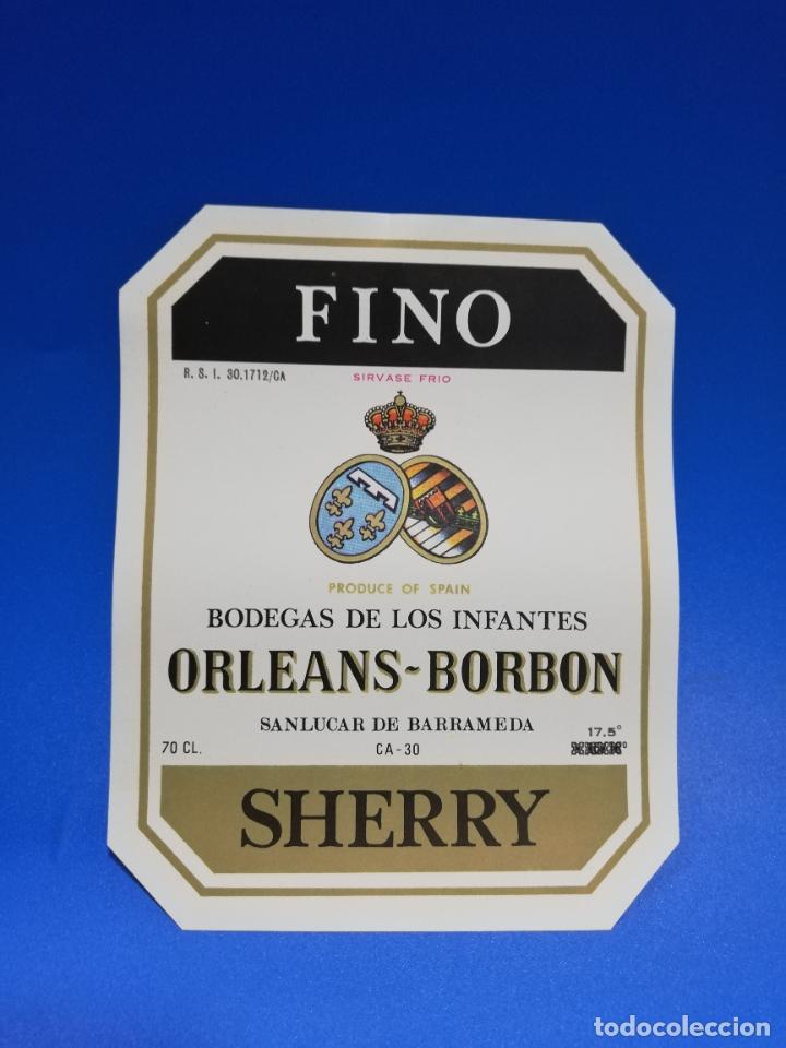 Old Labels: ETIQUETA. BODEGAS DE LOS INFANTES. ORLEANS-BORBON. FINO. SHERRY. SANLUCAR DE BARRAMEDA.
