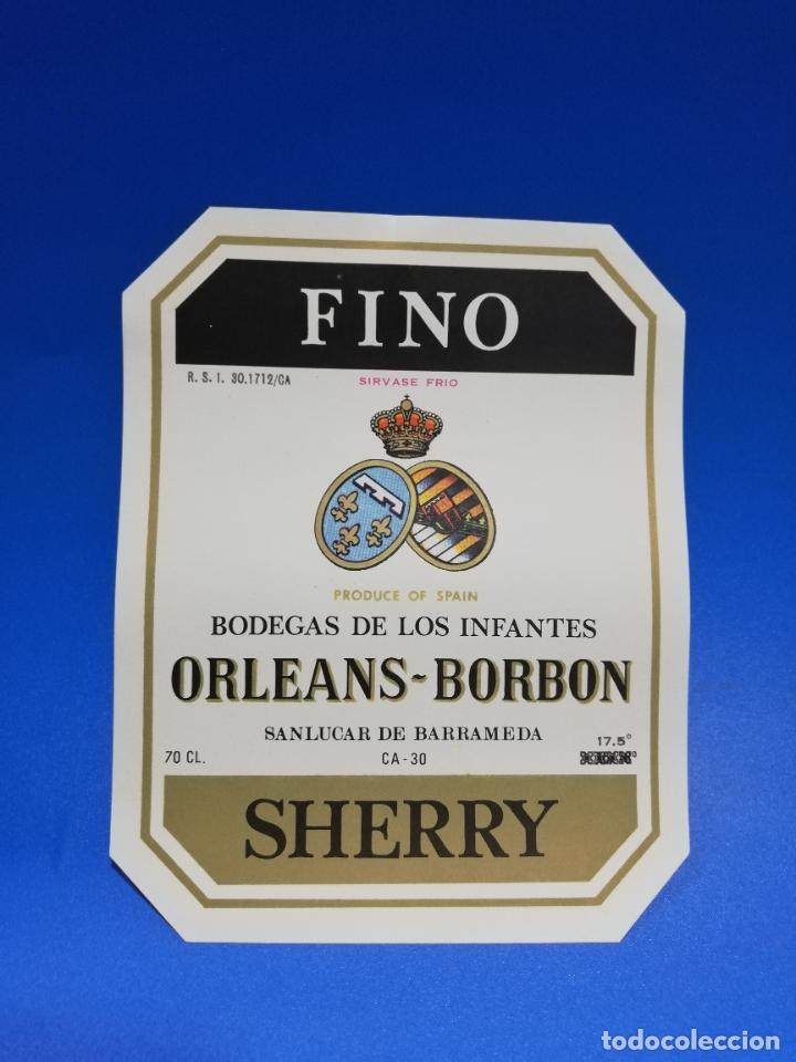 Old Labels: ETIQUETA. BODEGAS DE LOS INFANTES. ORLEANS-BORBON. FINO. SHERRY. SANLUCAR DE BARRAMEDA.