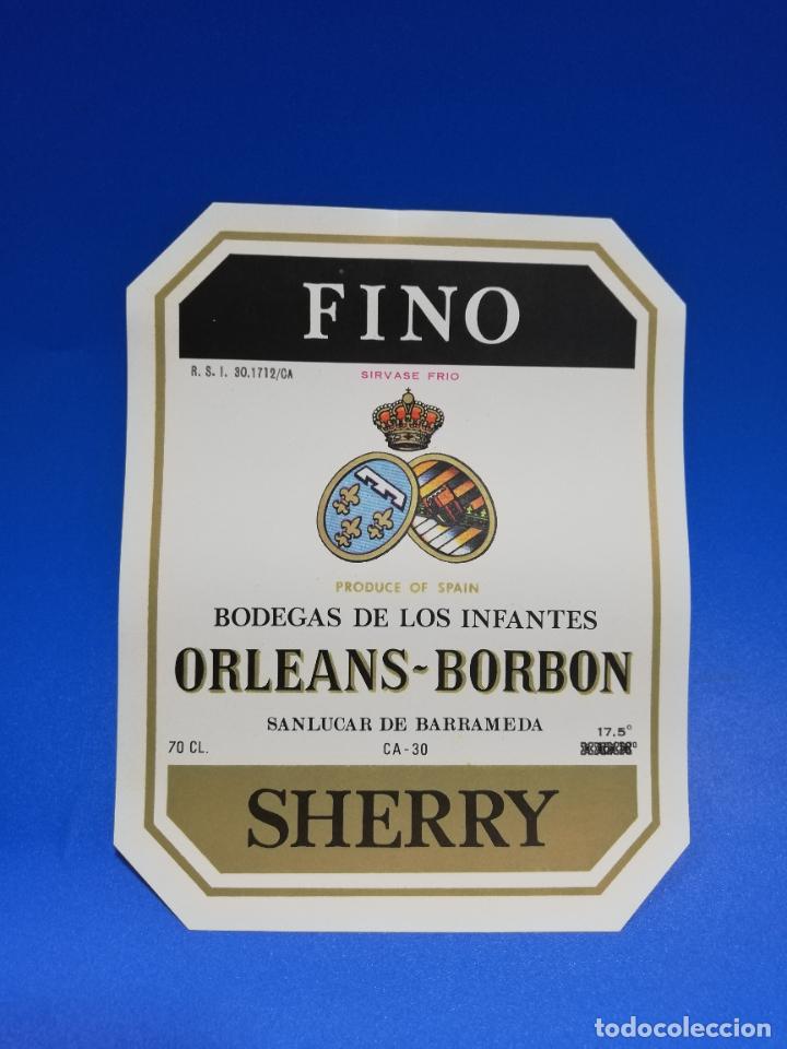 Old Labels: ETIQUETA. BODEGAS DE LOS INFANTES. ORLEANS-BORBON. FINO. SHERRY. SANLUCAR DE BARRAMEDA.