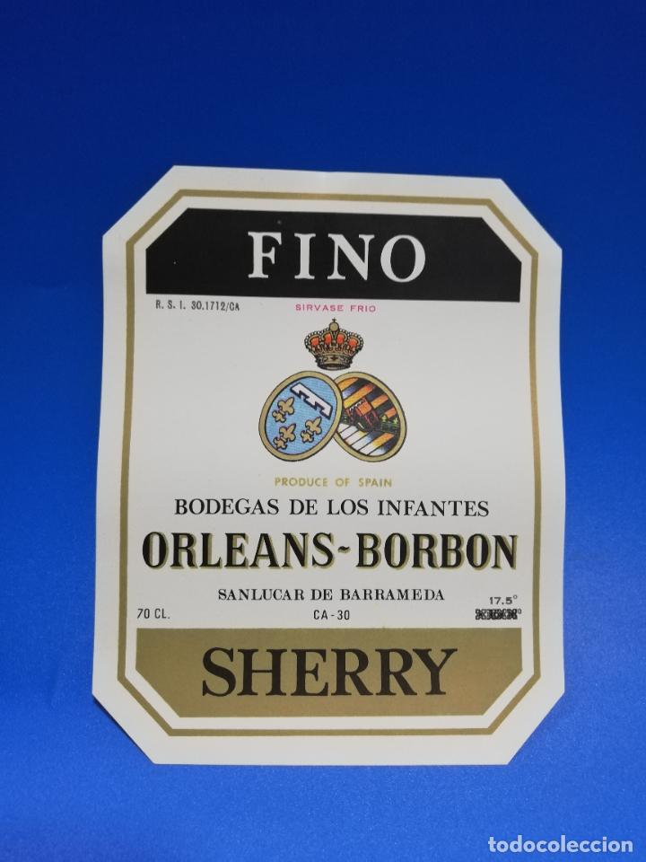 Old Labels: ETIQUETA. BODEGAS DE LOS INFANTES. ORLEANS-BORBON. FINO. SHERRY. SANLUCAR DE BARRAMEDA.