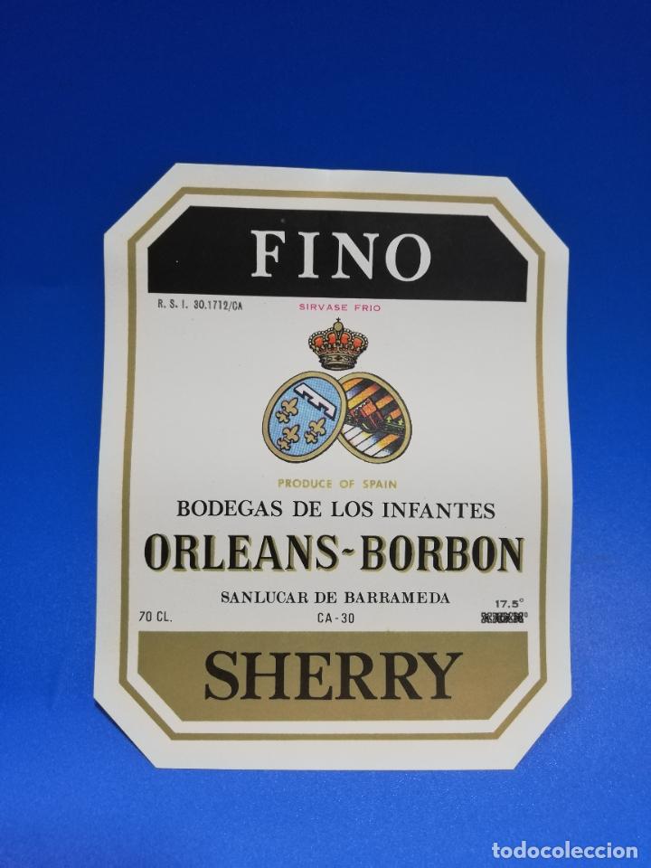 Old Labels: ETIQUETA. BODEGAS DE LOS INFANTES. ORLEANS-BORBON. FINO. SHERRY. SANLUCAR DE BARRAMEDA.
