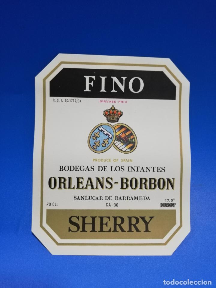 Old Labels: ETIQUETA. BODEGAS DE LOS INFANTES. ORLEANS-BORBON. FINO. SHERRY. SANLUCAR DE BARRAMEDA.
