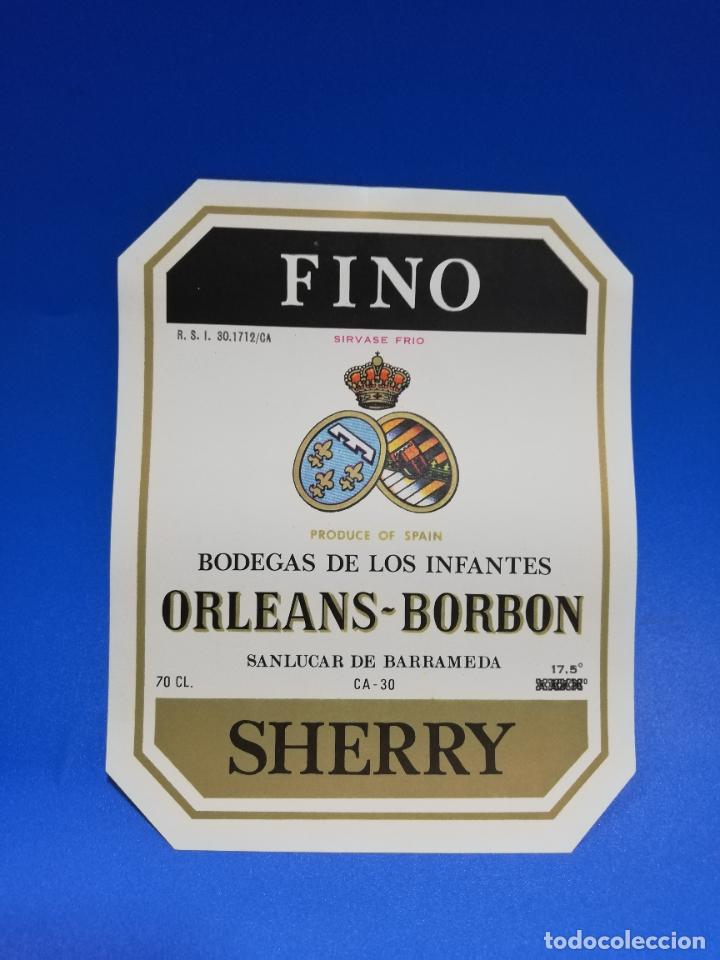 Old Labels: ETIQUETA. BODEGAS DE LOS INFANTES. ORLEANS-BORBON. FINO. SHERRY. SANLUCAR DE BARRAMEDA.