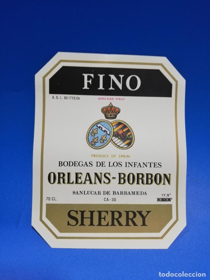 Old Labels: ETIQUETA. BODEGAS DE LOS INFANTES. ORLEANS-BORBON. FINO. SHERRY. SANLUCAR DE BARRAMEDA.