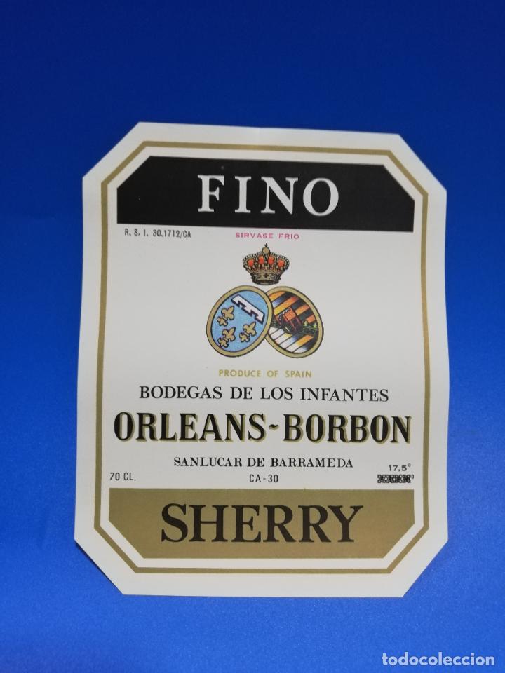 Old Labels: ETIQUETA. BODEGAS DE LOS INFANTES. ORLEANS-BORBON. FINO. SHERRY. SANLUCAR DE BARRAMEDA.