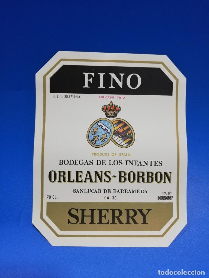 Old Labels: ETIQUETA. BODEGAS DE LOS INFANTES. ORLEANS-BORBON. FINO. SHERRY. SANLUCAR DE BARRAMEDA.