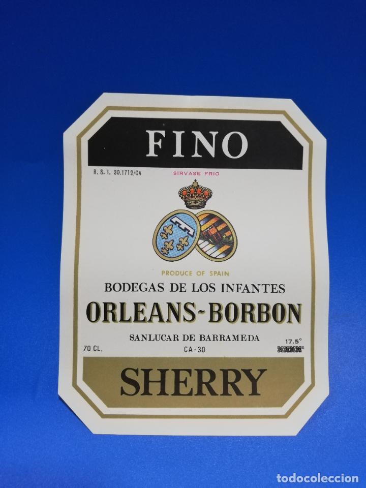 Old Labels: ETIQUETA. BODEGAS DE LOS INFANTES. ORLEANS-BORBON. FINO. SHERRY. SANLUCAR DE BARRAMEDA.