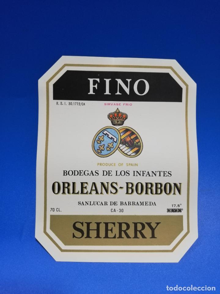 Old Labels: ETIQUETA. BODEGAS DE LOS INFANTES. ORLEANS-BORBON. FINO. SHERRY. SANLUCAR DE BARRAMEDA.