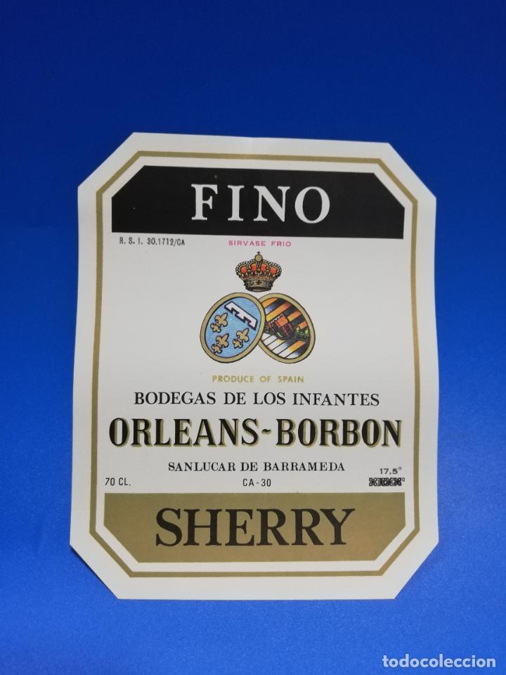 Old Labels: ETIQUETA. BODEGAS DE LOS INFANTES. ORLEANS-BORBON. FINO. SHERRY. SANLUCAR DE BARRAMEDA.