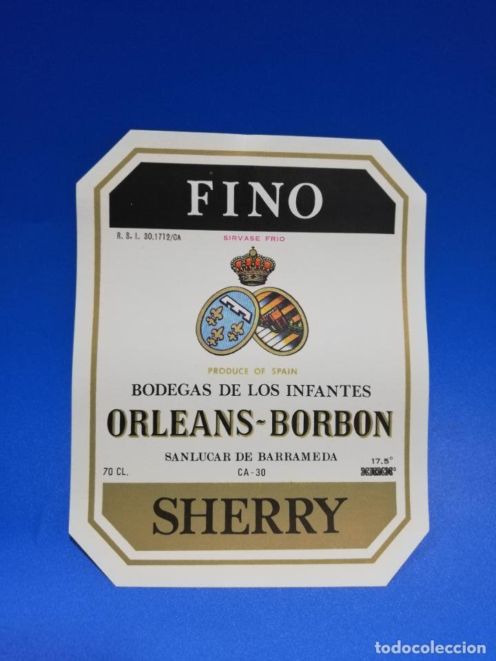 Old Labels: ETIQUETA. BODEGAS DE LOS INFANTES. ORLEANS-BORBON. FINO. SHERRY. SANLUCAR DE BARRAMEDA.