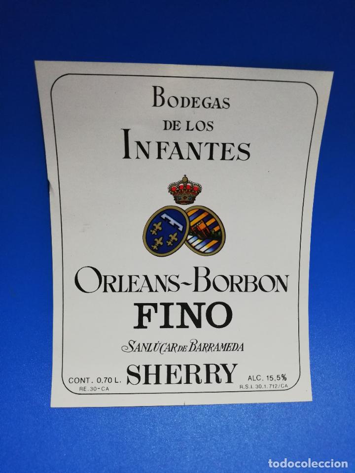 Old Labels: ETIQUETA. BODEGAS DE LOS INFANTES. ORLEANS-BORBON. FINO. SHERRY. SANLUCAR DE BARRAMEDA.