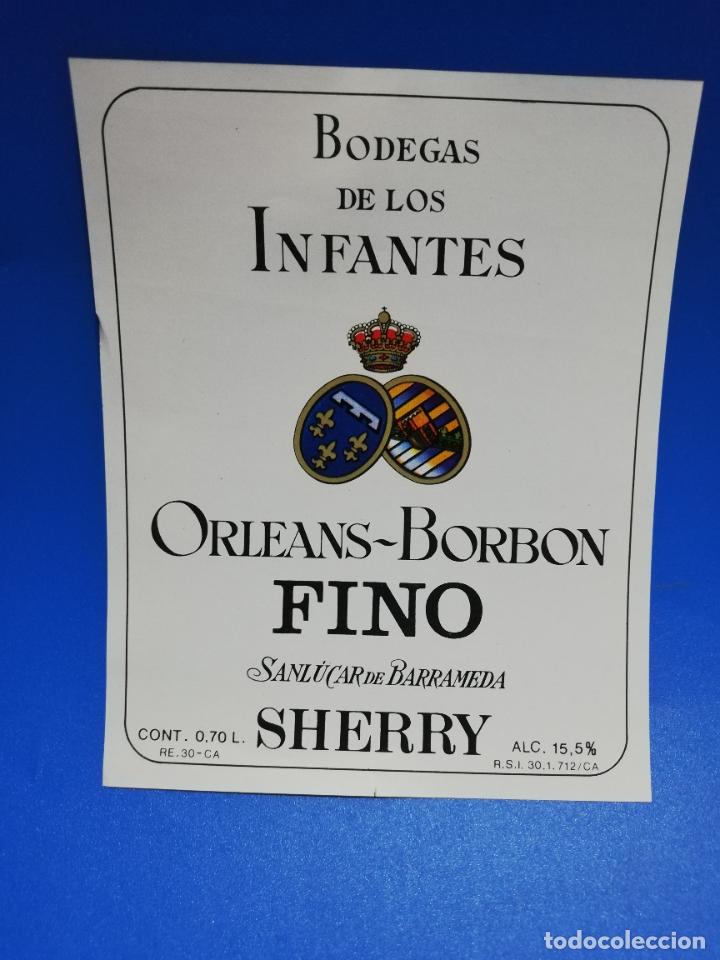 Old Labels: ETIQUETA. BODEGAS DE LOS INFANTES. ORLEANS-BORBON. FINO. SHERRY. SANLUCAR DE BARRAMEDA.