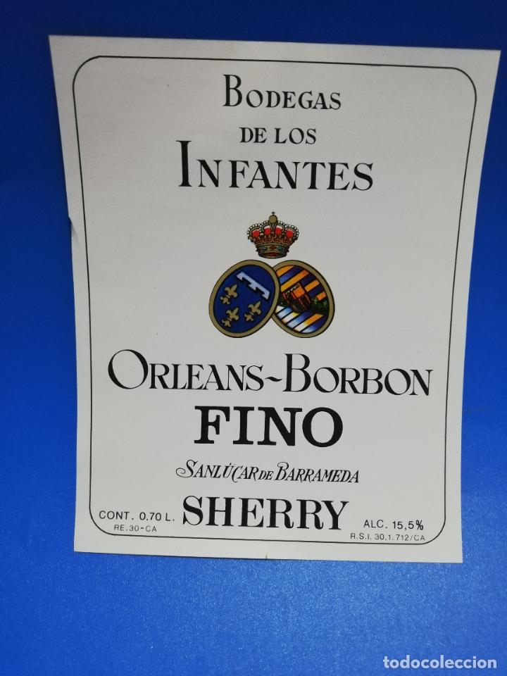 Old Labels: ETIQUETA. BODEGAS DE LOS INFANTES. ORLEANS-BORBON. FINO. SHERRY. SANLUCAR DE BARRAMEDA.