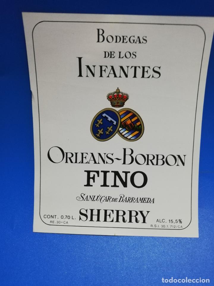 Old Labels: ETIQUETA. BODEGAS DE LOS INFANTES. ORLEANS-BORBON. FINO. SHERRY. SANLUCAR DE BARRAMEDA.