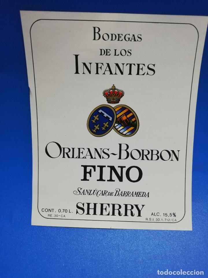 Old Labels: ETIQUETA. BODEGAS DE LOS INFANTES. ORLEANS-BORBON. FINO. SHERRY. SANLUCAR DE BARRAMEDA.