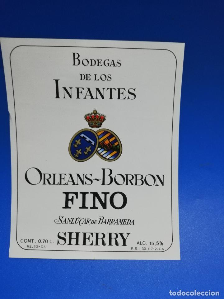 Old Labels: ETIQUETA. BODEGAS DE LOS INFANTES. ORLEANS-BORBON. FINO. SHERRY. SANLUCAR DE BARRAMEDA.