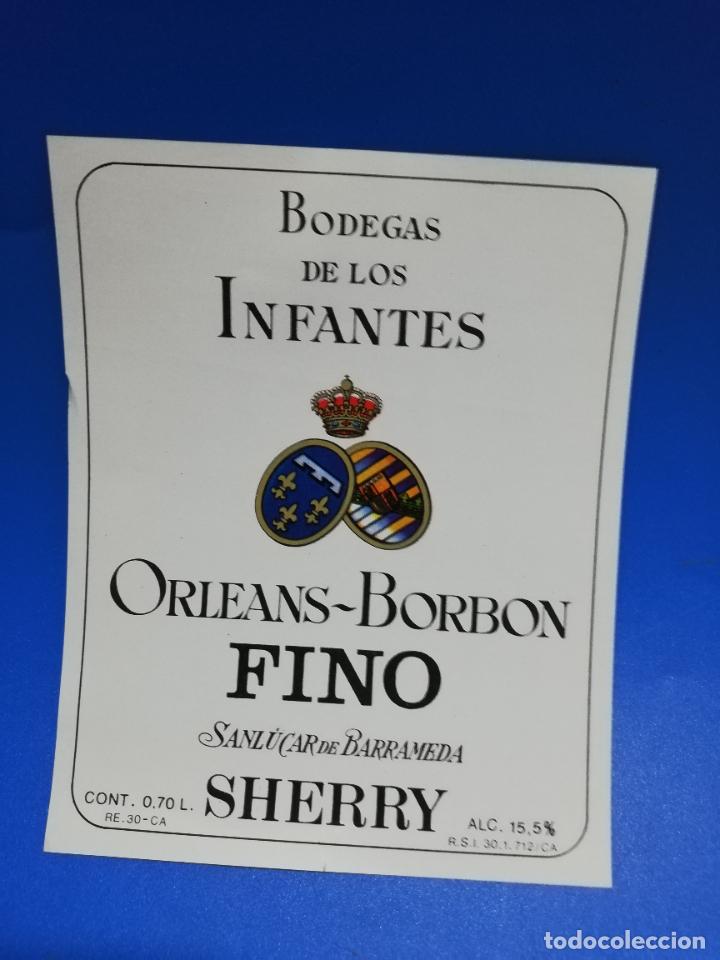 Old Labels: ETIQUETA. BODEGAS DE LOS INFANTES. ORLEANS-BORBON. FINO. SHERRY. SANLUCAR DE BARRAMEDA.