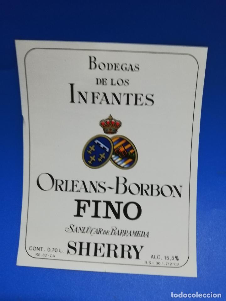 Old Labels: ETIQUETA. BODEGAS DE LOS INFANTES. ORLEANS-BORBON. FINO. SHERRY. SANLUCAR DE BARRAMEDA.