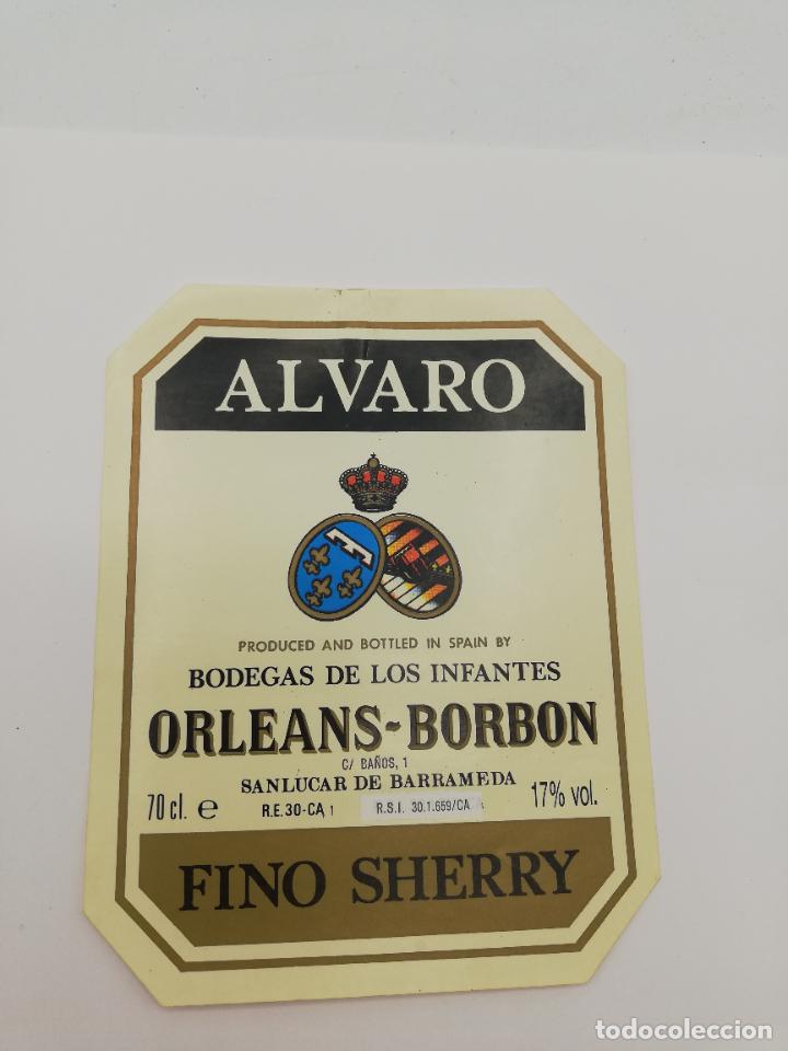 Old Labels: ETIQUETA. ALVARO. BODEGAS DE LOS INFANTES ORLEANS-BORBON. FINO SHERRY. SANLUCAR DE BARRAMEDA.