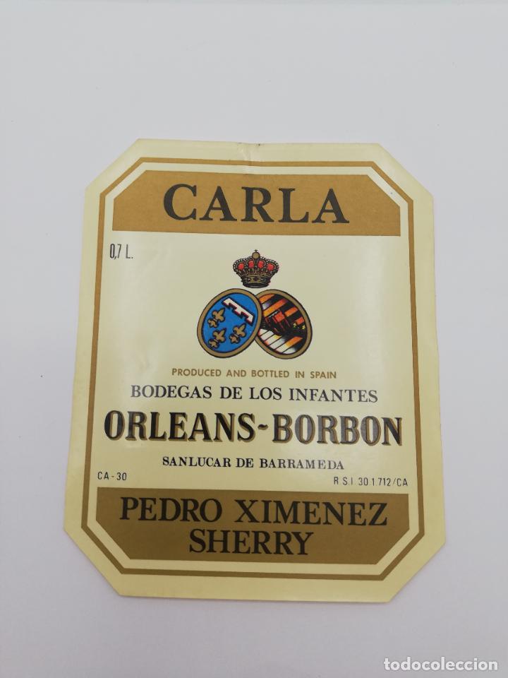 Alte Etiketten: ETIQUETA. CARLA. BODEGAS DE LOS INFANTES ORLEANS-BORBON. PEDRO XIMENEZ SHERRY. SANLUCAR DE BARRAMEDA