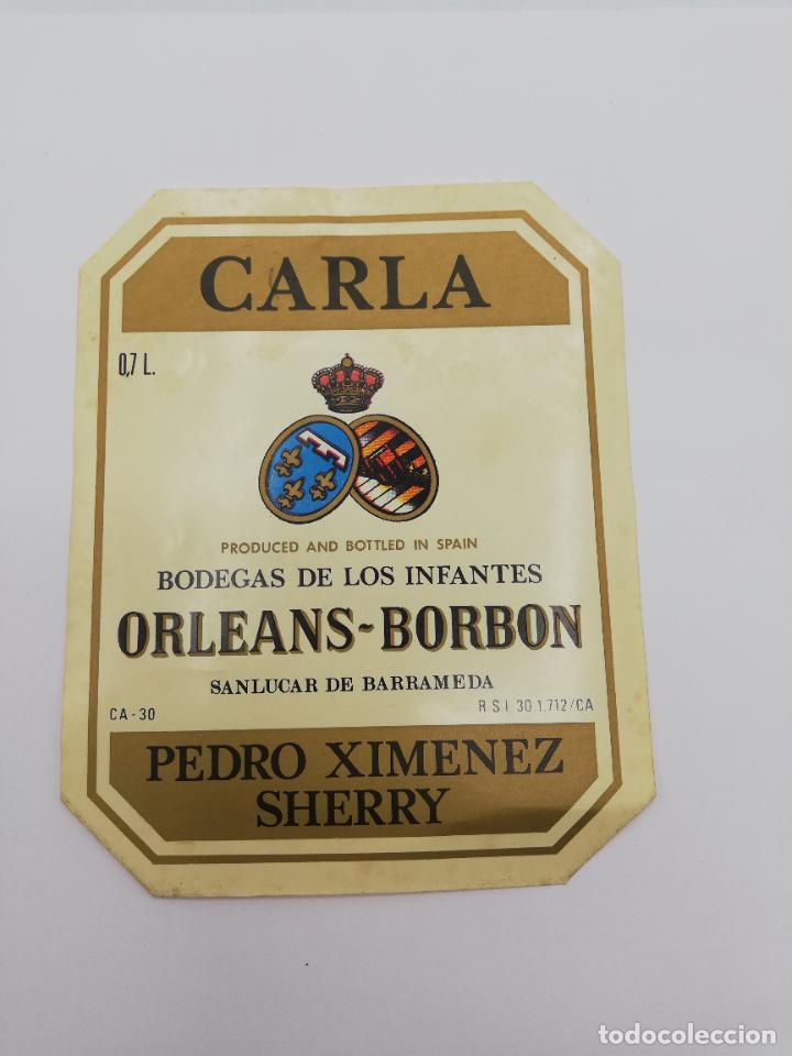 Alte Etiketten: ETIQUETA. CARLA. BODEGAS DE LOS INFANTES ORLEANS-BORBON. PEDRO XIMENEZ SHERRY. SANLUCAR DE BARRAMEDA