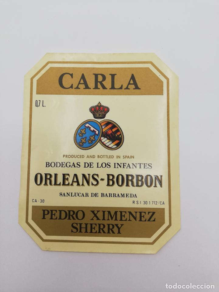 Alte Etiketten: ETIQUETA. CARLA. BODEGAS DE LOS INFANTES ORLEANS-BORBON. PEDRO XIMENEZ SHERRY. SANLUCAR DE BARRAMEDA