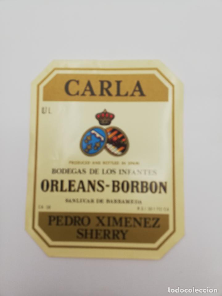Alte Etiketten: ETIQUETA. CARLA. BODEGAS DE LOS INFANTES ORLEANS-BORBON. PEDRO XIMENEZ SHERRY. SANLUCAR DE BARRAMEDA